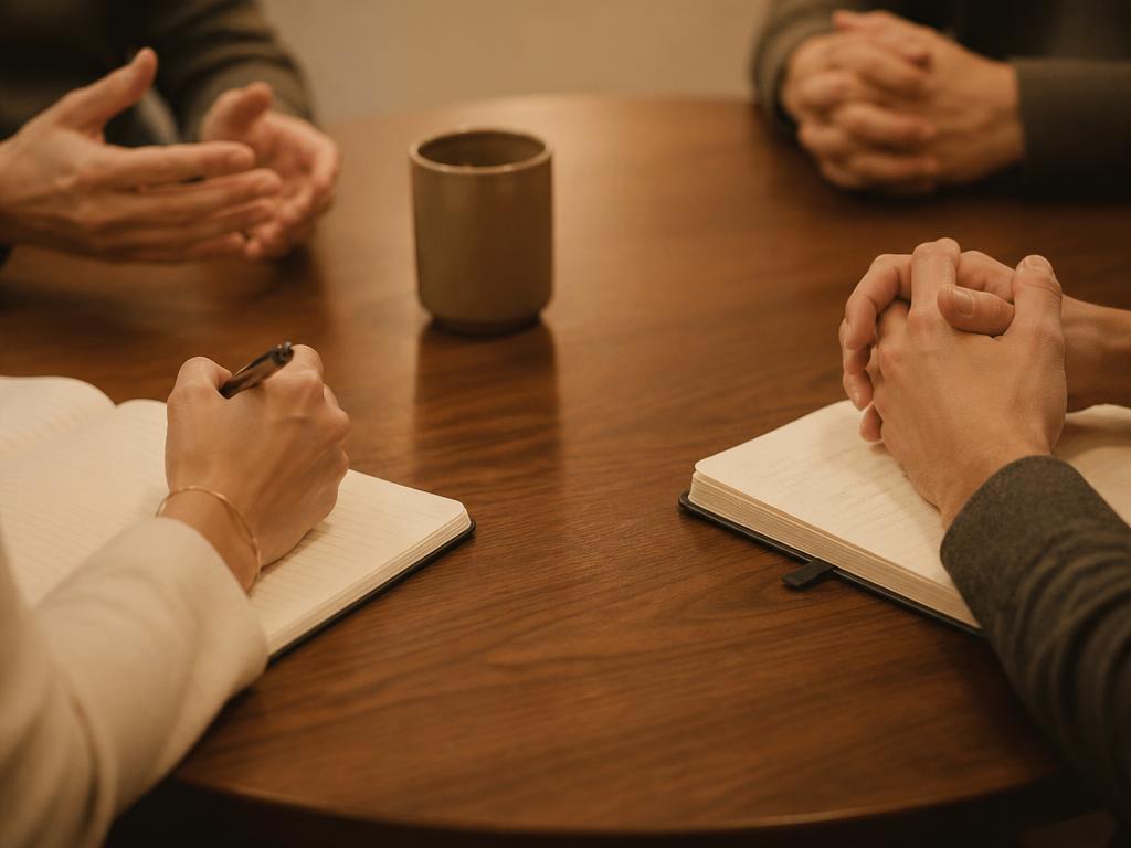 Mãos e cadernos sobre mesa redonda de madeira durante uma sessão de mediação